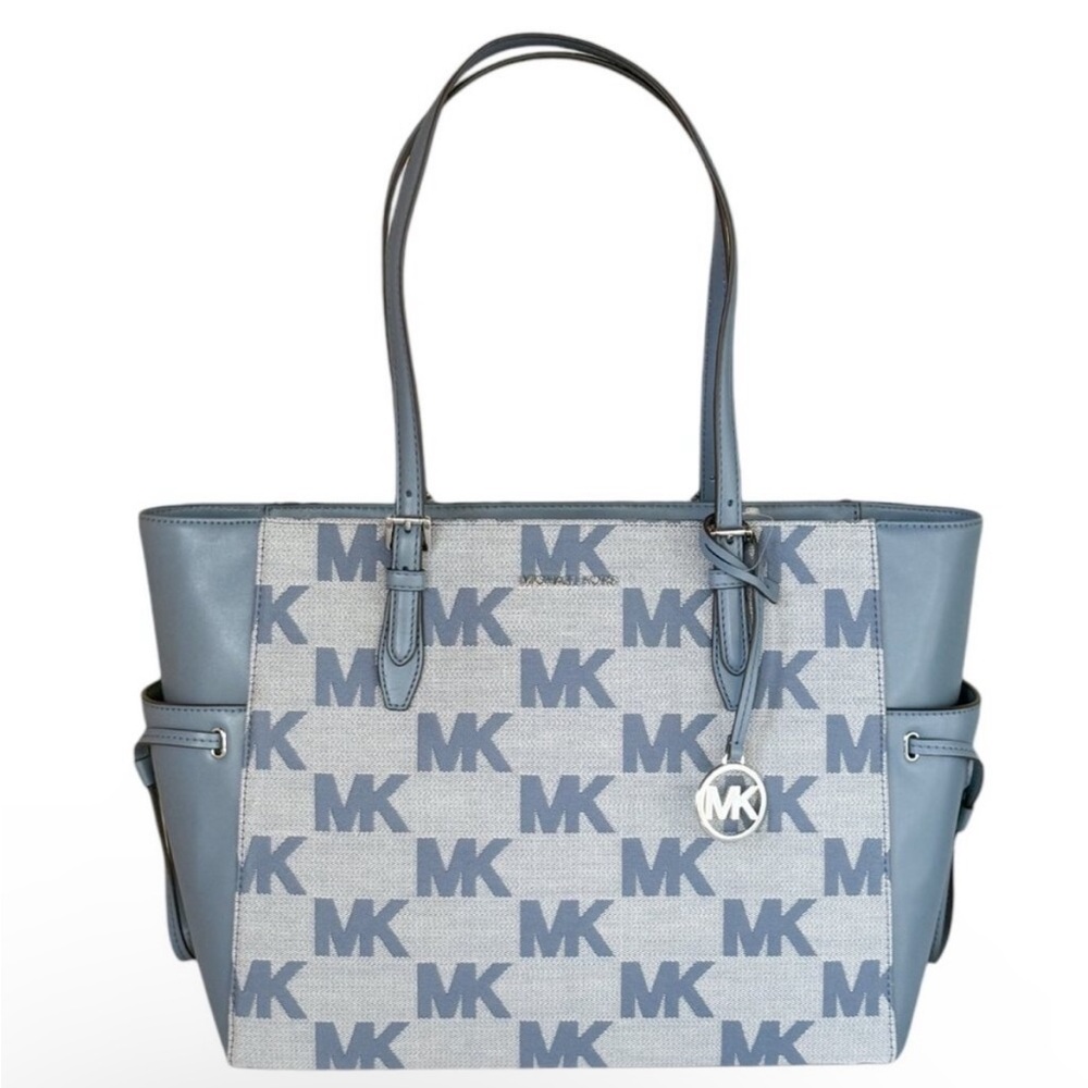 Michael Kors Gilly Large Drawstring Tote Shoulder Bag MK Graphic Logo Denim NWT - Picture 1 of 9